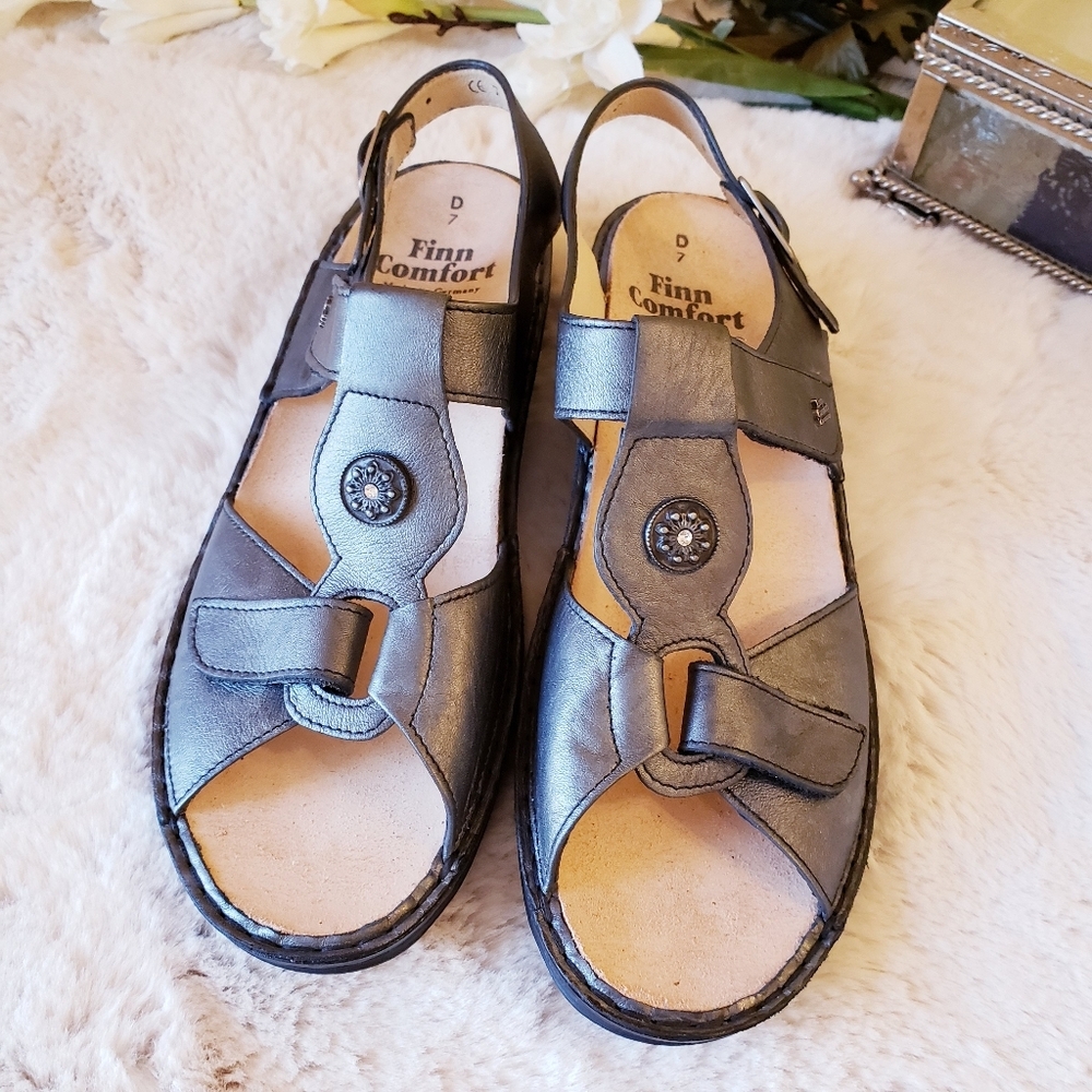 FINN COMFORT Adana Pewter Corten Leather T Strap Sling Silver Sandal Women US9.5 - Picture 6 of 16